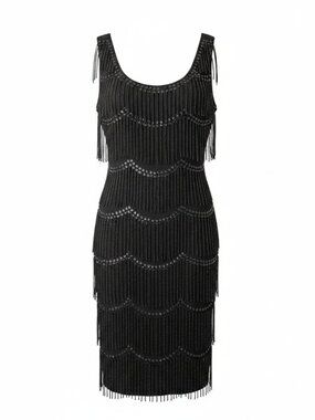 Vintage 90s Beaded Fringe Flapper Dress | Gatsby Style Black Cocktail Midi |Sz M